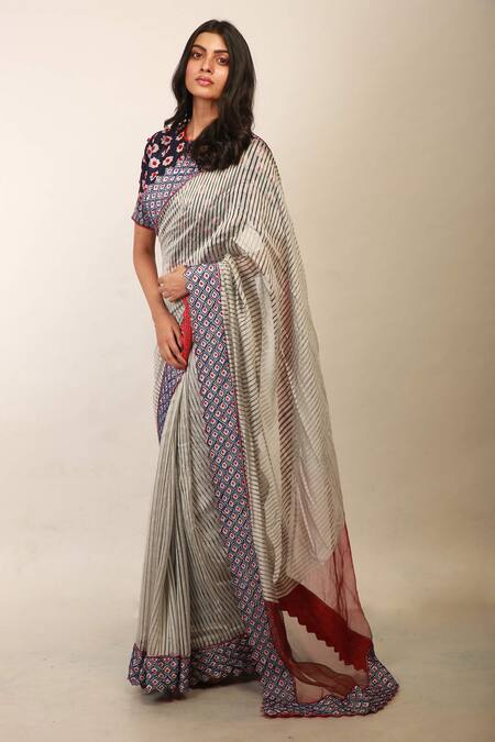 Buy_Soumodeep Dutta_Grey Saree Handwoven  Blouse Chanderi _Online_at_Aza_Fashions