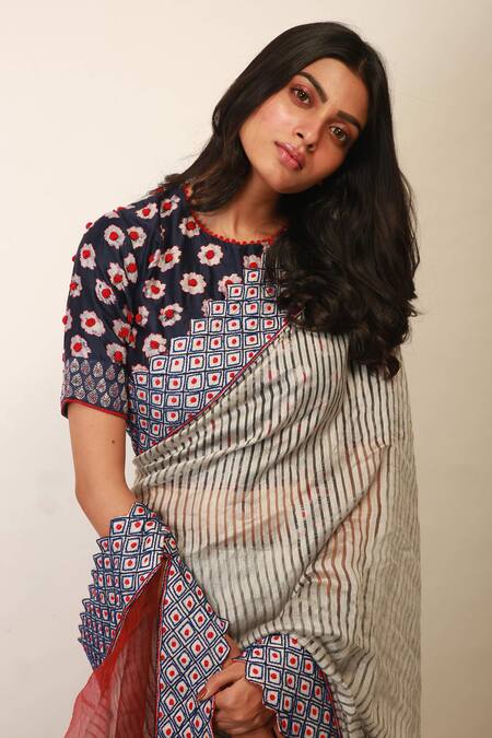 Shop_Soumodeep Dutta_Grey Saree Handwoven  Blouse Chanderi _Online_at_Aza_Fashions