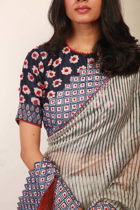 Soumodeep Dutta_Grey Saree Handwoven  Blouse Chanderi _at_Aza_Fashions