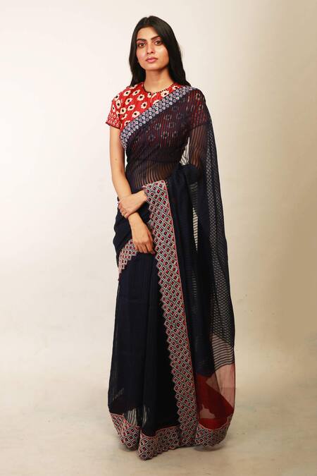 Soumodeep Dutta_Blue Saree Handwoven  Blouse Chanderi _Online_at_Aza_Fashions
