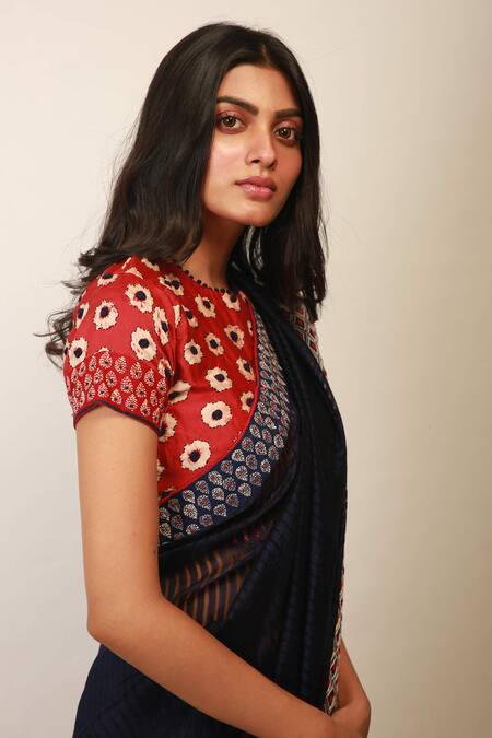 Buy_Soumodeep Dutta_Blue Saree Handwoven  Blouse Chanderi _Online_at_Aza_Fashions