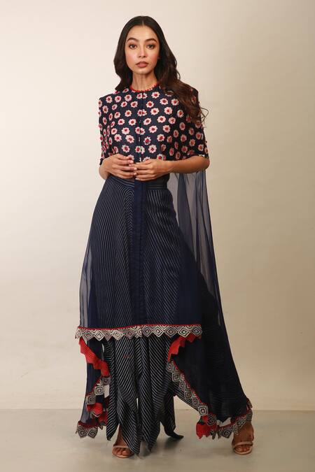Buy_Soumodeep Dutta_Blue Dress Chanderi, Organza Skirt Handwoven With _Online_at_Aza_Fashions