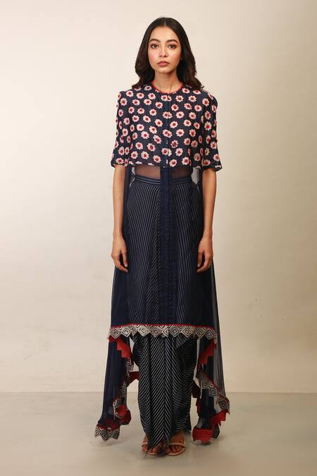 Soumodeep Dutta_Blue Dress Chanderi, Organza Skirt Handwoven With _Online_at_Aza_Fashions