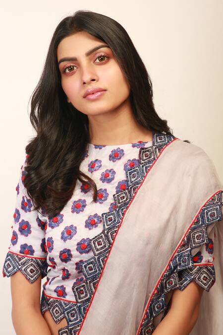 Shop_Soumodeep Dutta_Grey Saree Organza Blouse Chanderi_Online_at_Aza_Fashions