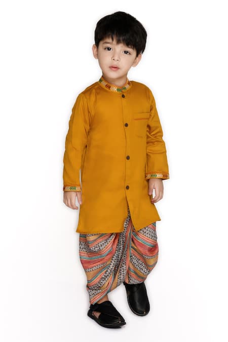 Saka Designs Yellow Cotton Embroidered Thread Work Collar Kurta And Dhoti Pant Set 