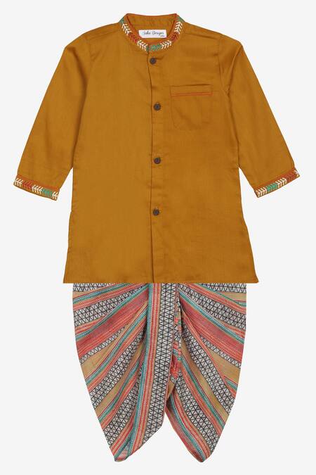Saka Designs_Yellow Cotton Embroidery Collar Kurta And Dhoti Pant Set_Online_at_Aza_Fashions