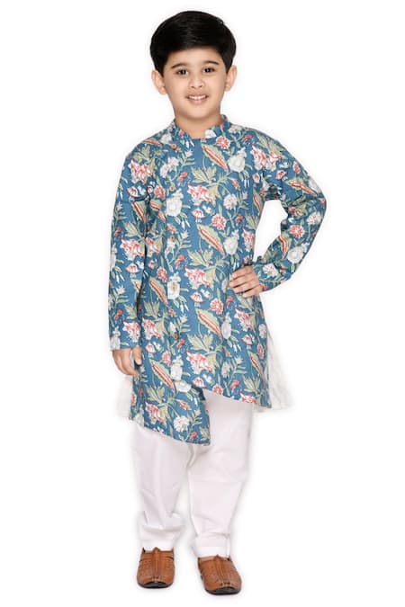 Saka Designs Blue Cotton Printed Floral Angrakha Style Achkan And Pant Set  