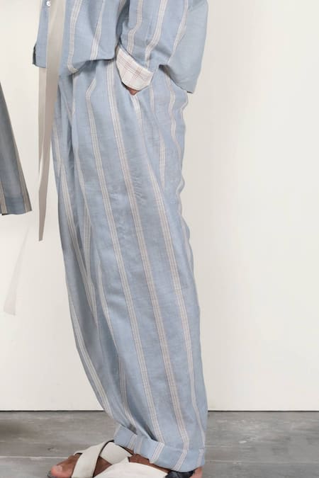 Shop_Urvashi Kaur_Blue Handwoven Cotton Silk Striped Pant _Online_at_Aza_Fashions