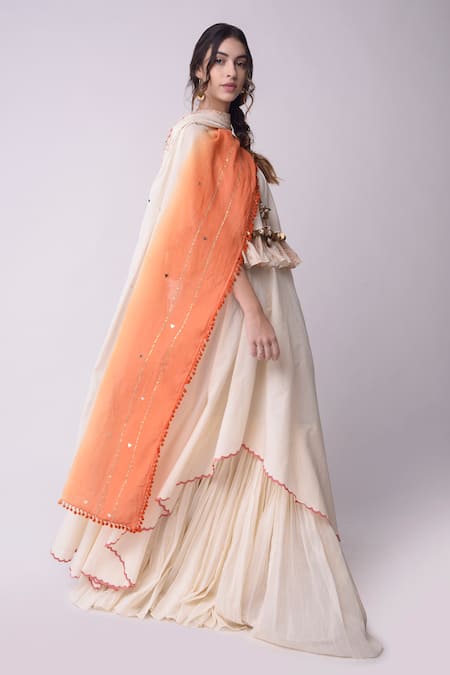 Shwetanga_White Organic Cotton Floral, Geometric, Bead, Metal Keyhole Printed Lehenga Set _Online_at_Aza_Fashions