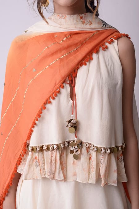 Shop_Shwetanga_White Organic Cotton Floral, Geometric, Bead, Metal Keyhole Printed Lehenga Set _Online_at_Aza_Fashions
