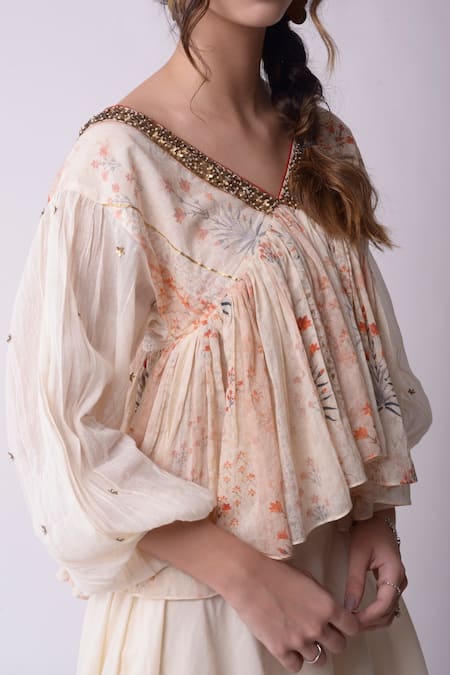 Shop_Shwetanga_White Organic Cotton Floral, Sequin V Neck Printed Crop Top And Lehenga Set _Online_at_Aza_Fashions