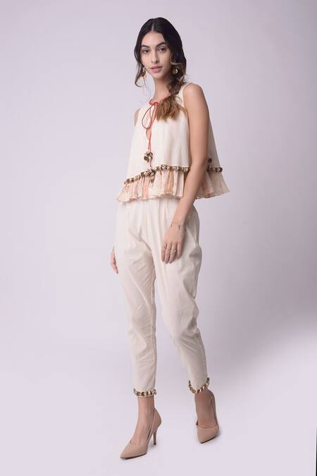 Shwetanga_White Organic Cotton Floral, Bead, Metal, Shell Layered Top And Cropped Pant Set _Online_at_Aza_Fashions