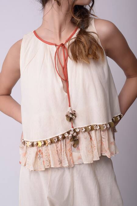 Shop_Shwetanga_White Organic Cotton Floral, Bead, Metal, Shell Layered Top And Cropped Pant Set _Online_at_Aza_Fashions