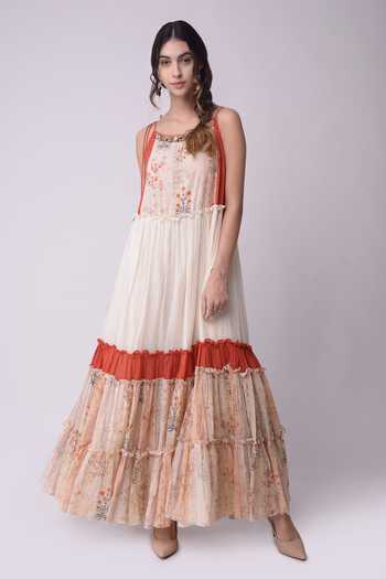 Buy_Shwetanga_White Organic Cotton Floral Motifs, Metal, Shell Boat Neck Printed Dress _Online_at_Aza_Fashions