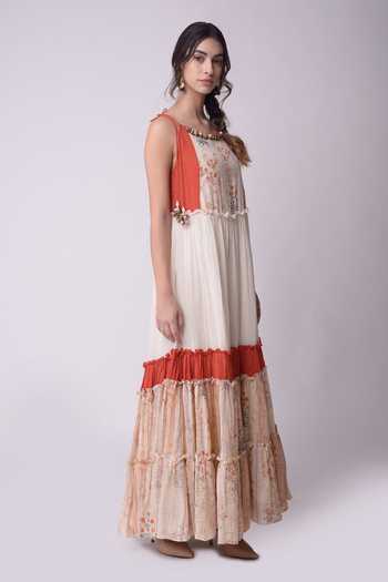 Shwetanga_White Organic Cotton Floral Motifs, Metal, Shell Boat Neck Printed Dress _Online_at_Aza_Fashions
