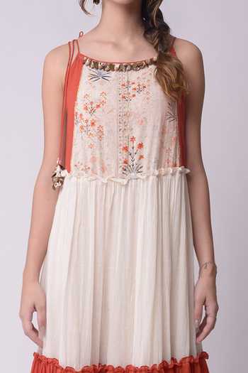 Shwetanga_White Organic Cotton Floral Motifs, Metal, Shell Boat Neck Printed Dress _at_Aza_Fashions
