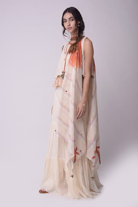 Shwetanga_White Organic Cotton Floral Motifs, Metal, Shell, Printed Kurta Sharara Set _Online_at_Aza_Fashions