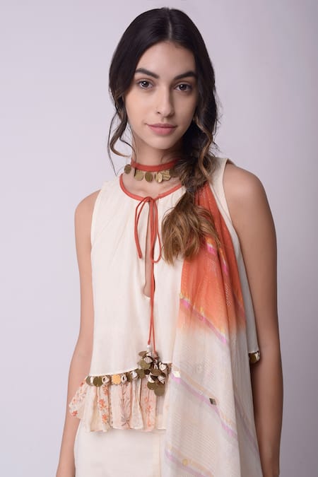 Buy_Shwetanga_White Organic Cotton Floral Motifs, Metal, Shell, Printed Kurta Sharara Set _Online_at_Aza_Fashions