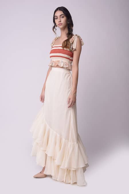 Buy_Shwetanga_White Organic Cotton Floral Motifs, Metal, Shell Smocked Top And Ruffle Skirt Set _Online_at_Aza_Fashions