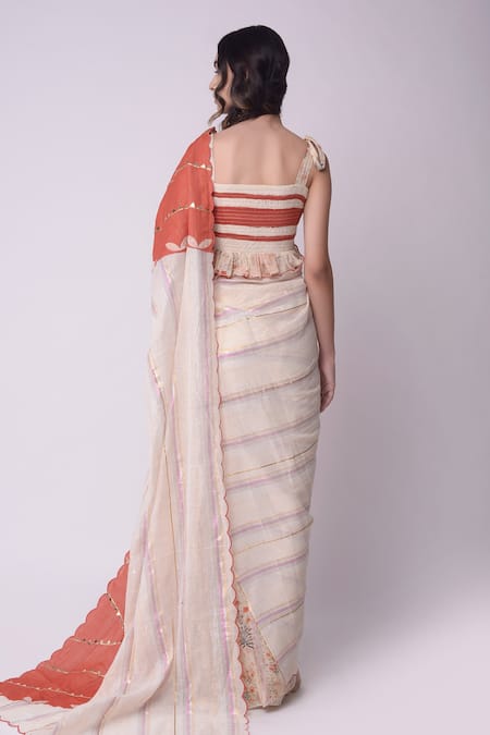 Shop_Shwetanga_White Organic Cotton Printed Floral Motifs Square Neck Saree With Smocked Top _at_Aza_Fashions