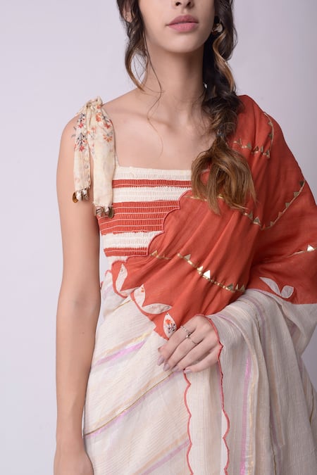 Shop_Shwetanga_White Organic Cotton Printed Floral Motifs Square Neck Saree With Smocked Top _Online_at_Aza_Fashions