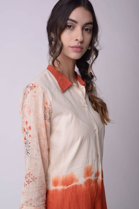 Buy_Shwetanga_White Organic Cotton Floral Motifs, Tie-dye Shirt Collar Tie Dye Dress _Online_at_Aza_Fashions
