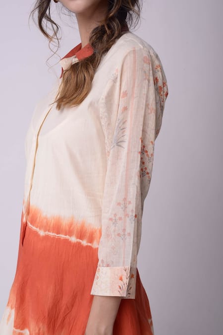 Shop_Shwetanga_White Organic Cotton Floral Motifs, Tie-dye Shirt Collar Tie Dye Dress _Online_at_Aza_Fashions