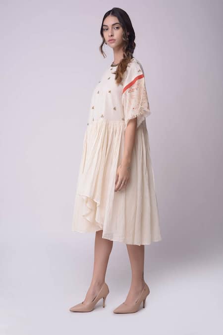 Shwetanga_White Organic Cotton Floral Motifs Round Neck Embroidered Dress _Online_at_Aza_Fashions