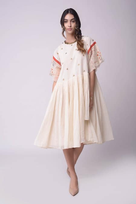 Buy_Shwetanga_White Organic Cotton Floral Motifs Round Neck Embroidered Dress _Online_at_Aza_Fashions