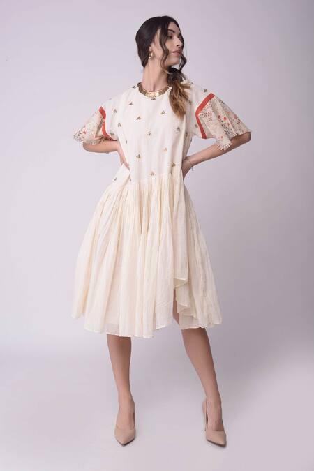 Shop_Shwetanga_White Organic Cotton Floral Motifs Round Neck Embroidered Dress _Online_at_Aza_Fashions
