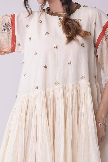 Shwetanga_White Organic Cotton Floral Motifs Round Neck Embroidered Dress _at_Aza_Fashions