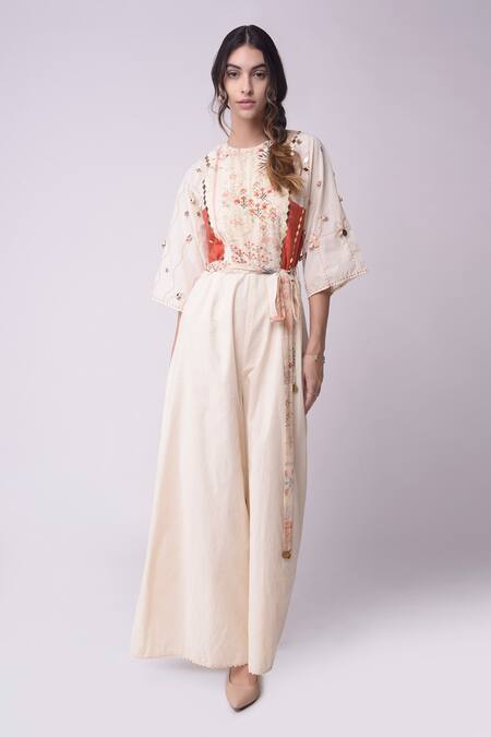 Shwetanga_White Organic Cotton Floral Motifs, Geometric, Mirror Work Printed Jumpsuit _Online_at_Aza_Fashions