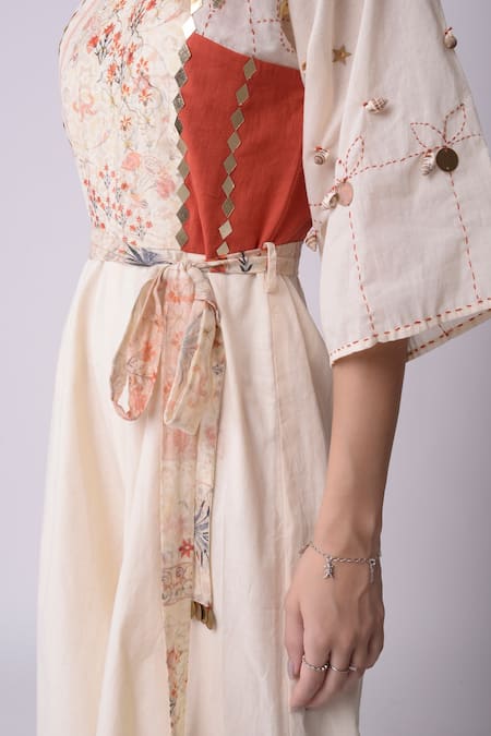 Shop_Shwetanga_White Organic Cotton Floral Motifs, Geometric, Mirror Work Printed Jumpsuit _Online_at_Aza_Fashions