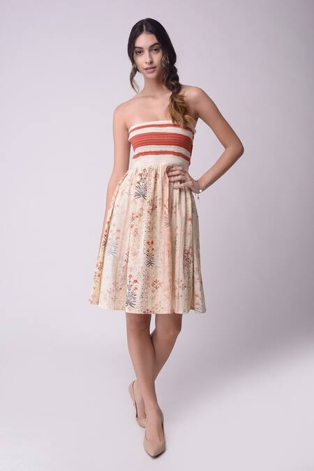 Shwetanga_White Organic Cotton Floral Motifs Straight Printed Smocked Dress _Online_at_Aza_Fashions