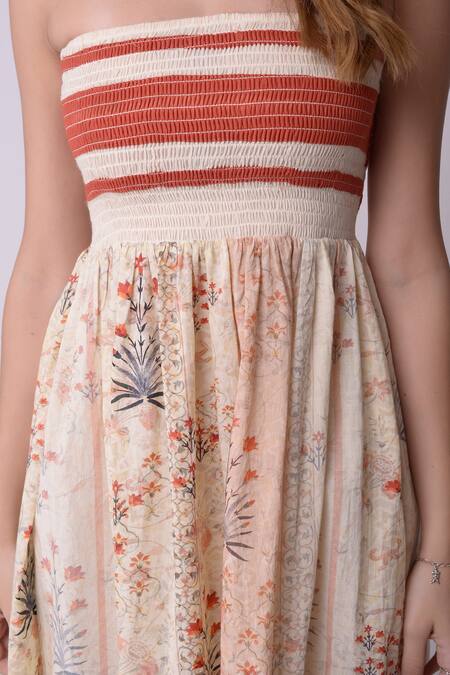 Buy_Shwetanga_White Organic Cotton Floral Motifs Straight Printed Smocked Dress _Online_at_Aza_Fashions