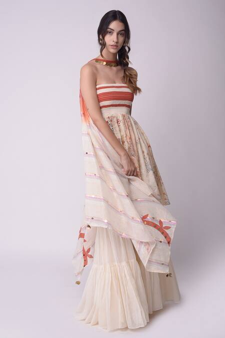 Shwetanga_White Organic Cotton Floral Motifs, Metal, Stripes Printed Kurta Sharara Set _Online_at_Aza_Fashions