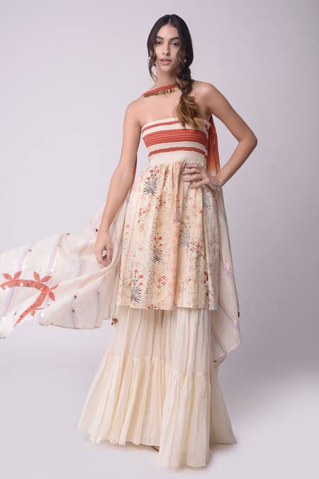 Buy_Shwetanga_White Organic Cotton Floral Motifs, Metal, Stripes Printed Kurta Sharara Set _Online_at_Aza_Fashions