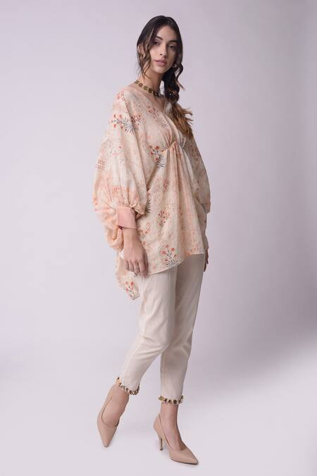Shwetanga_White Organic Cotton Printed Floral Motifs V Neck Kaftan Tunic And Pant Set _Online_at_Aza_Fashions