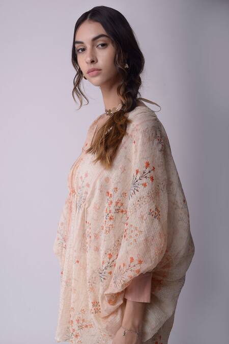 Buy_Shwetanga_White Organic Cotton Printed Floral Motifs V Neck Kaftan Tunic And Pant Set _Online_at_Aza_Fashions