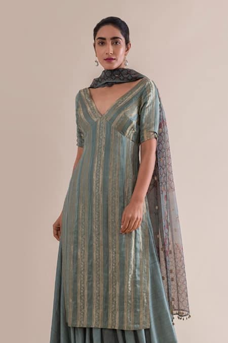 Ekaya Green Silk V Neck Handwoven Gharara Set  