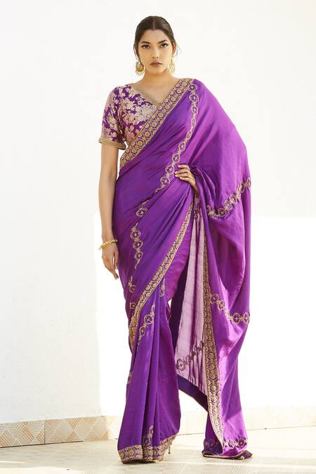 Romaa_Purple Dupion Zardozi Work V Neck Hand Embroidered Saree With Blouse _Online_at_Aza_Fashions
