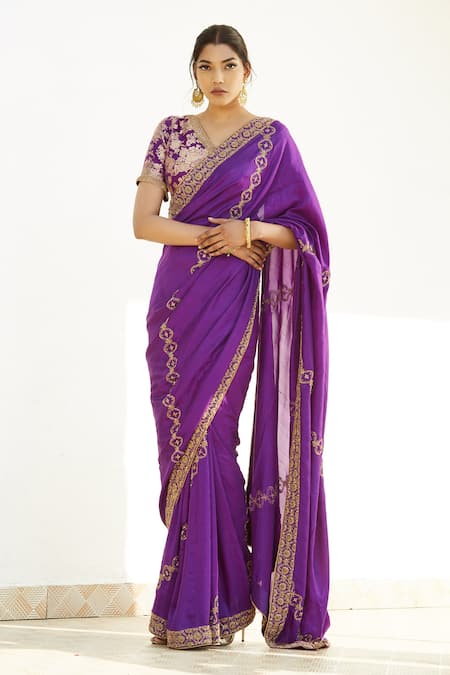 Buy_Romaa_Purple Dupion Zardozi Work V Neck Hand Embroidered Saree With Blouse _Online_at_Aza_Fashions