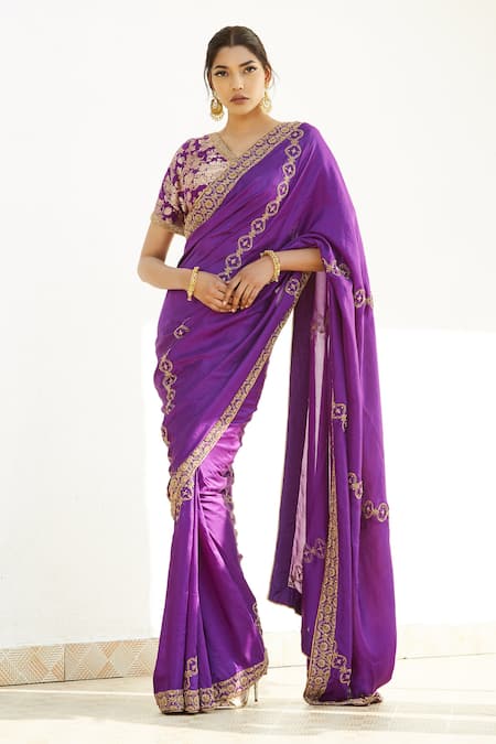 Shop_Romaa_Purple Dupion Zardozi Work V Neck Hand Embroidered Saree With Blouse _Online_at_Aza_Fashions