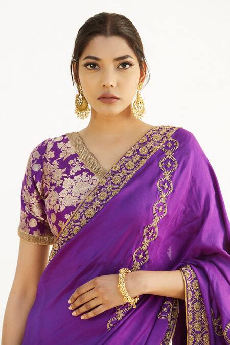 Romaa_Purple Dupion Zardozi Work V Neck Hand Embroidered Saree With Blouse _at_Aza_Fashions