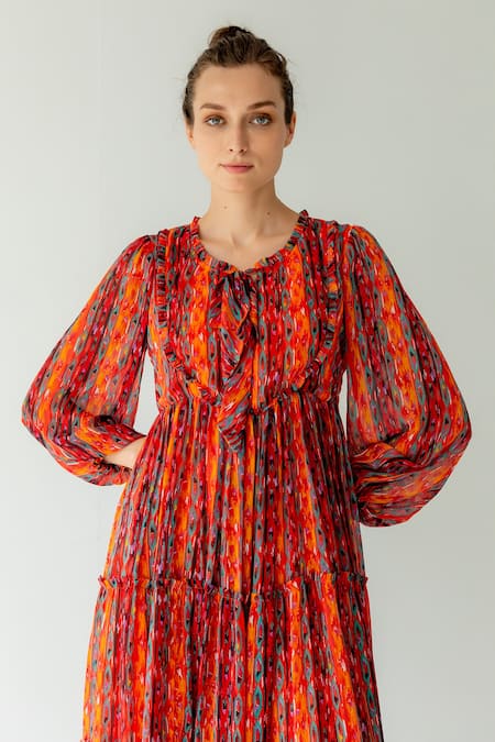 Sruti Dalmia_Red Georgette, Lining100% Viscose Abstract Round Elsie Print Dress_at_Aza_Fashions