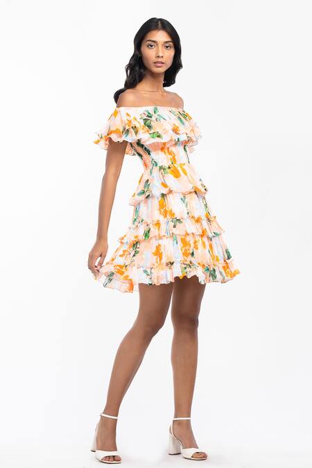 Mandira Wirk Resort Peach Chiffon Floral Motifs One Shoulder Print Dress Online at Aza Fashions Mandira Wirk Resort_Peach Chiffon Floral Motifs One Shoulder Print Dress _Online_at_Aza_Fashions