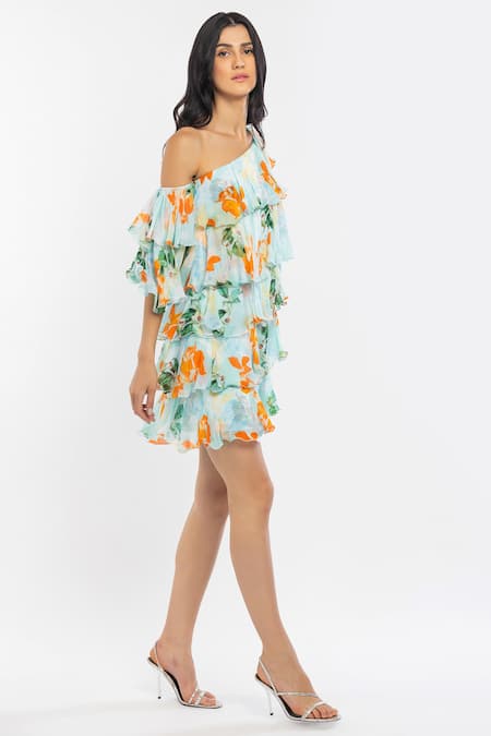 Mandira Wirk Resort_Blue Chiffon Floral Motifs One Shoulder Print Dress _Online_at_Aza_Fashions