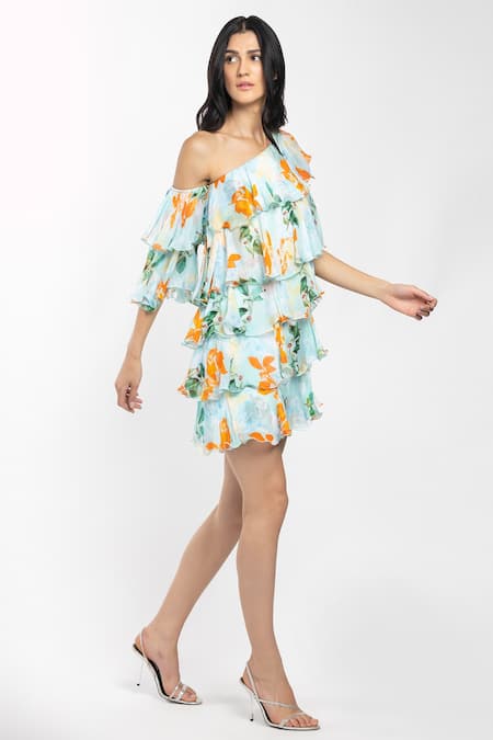 Buy_Mandira Wirk Resort_Blue Chiffon Floral Motifs One Shoulder Print Dress _Online_at_Aza_Fashions
