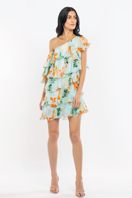 Shop_Mandira Wirk Resort_Blue Chiffon Floral Motifs One Shoulder Print Dress _Online_at_Aza_Fashions