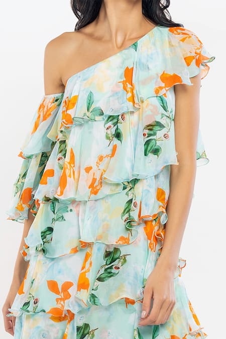 Mandira Wirk Resort_Blue Chiffon Floral Motifs One Shoulder Print Dress _at_Aza_Fashions